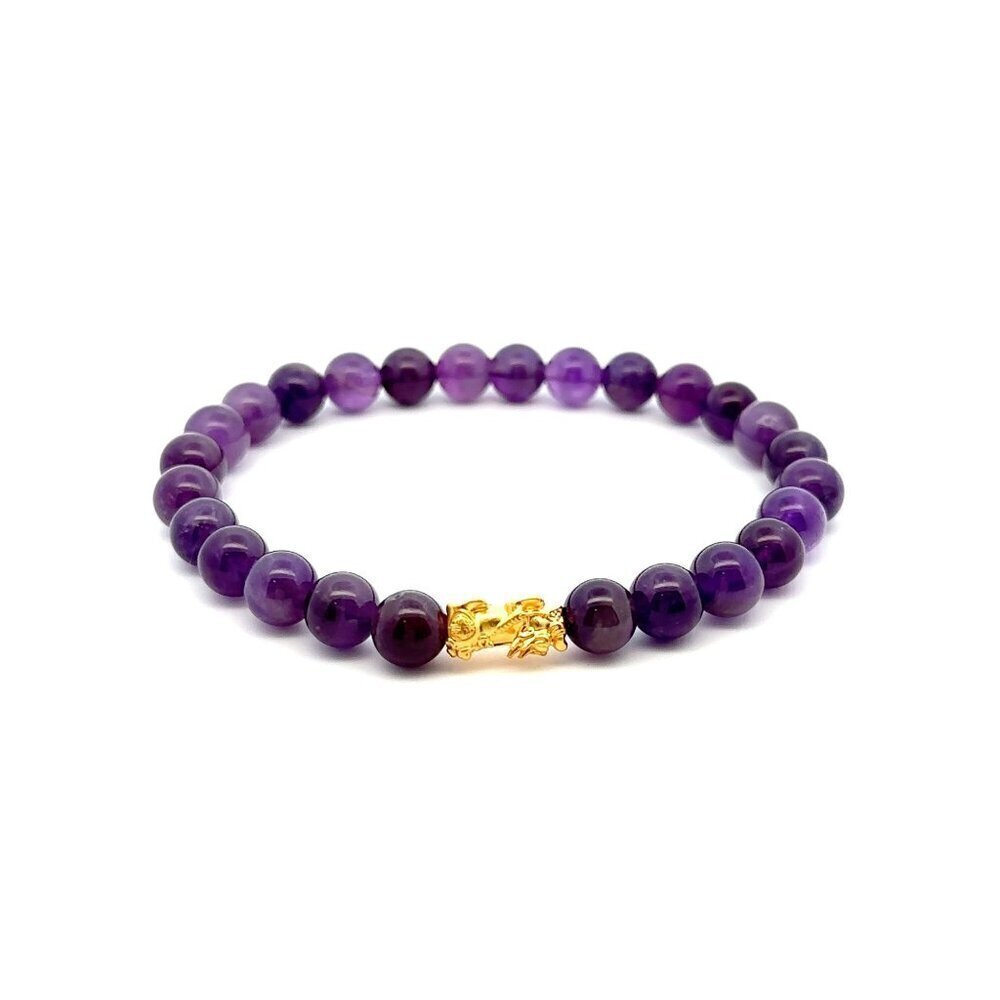24K Gold Piyao Pixiu Lucky Charm Bracelet Gemstones Amethyst 8mm Size 8 inches